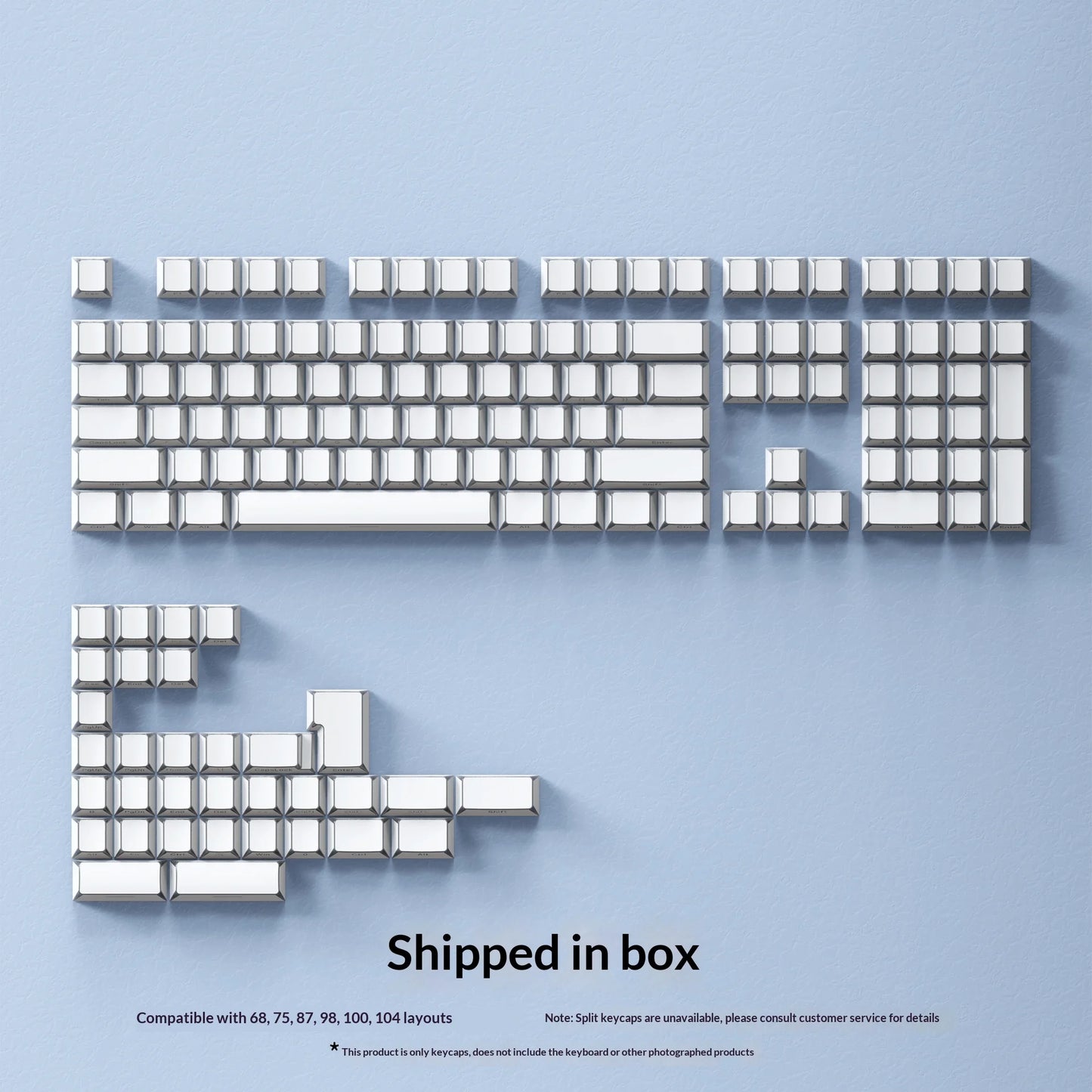 Keyboard components arranged to form a complete keyboard on a light blue background