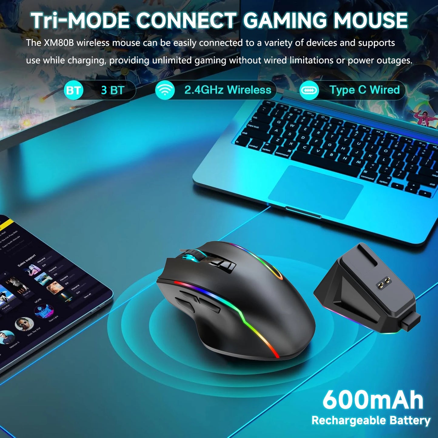 Gaming mouse with charging dock on a desk setup with laptop and phone