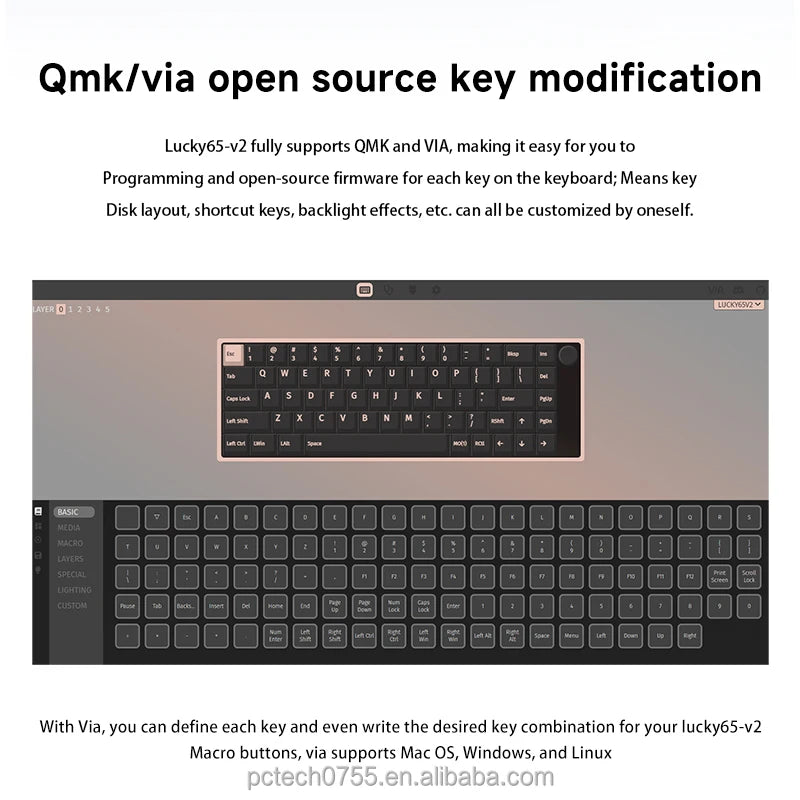 Keyboard with text about QMK and VIA open-source key modification on a white background