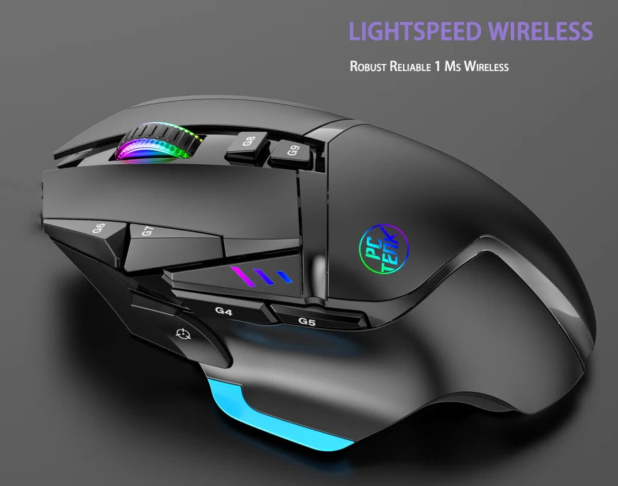 Black gaming mouse with RGB lighting on a dark background, featuring the brand 'LightSpeed Wireless'.