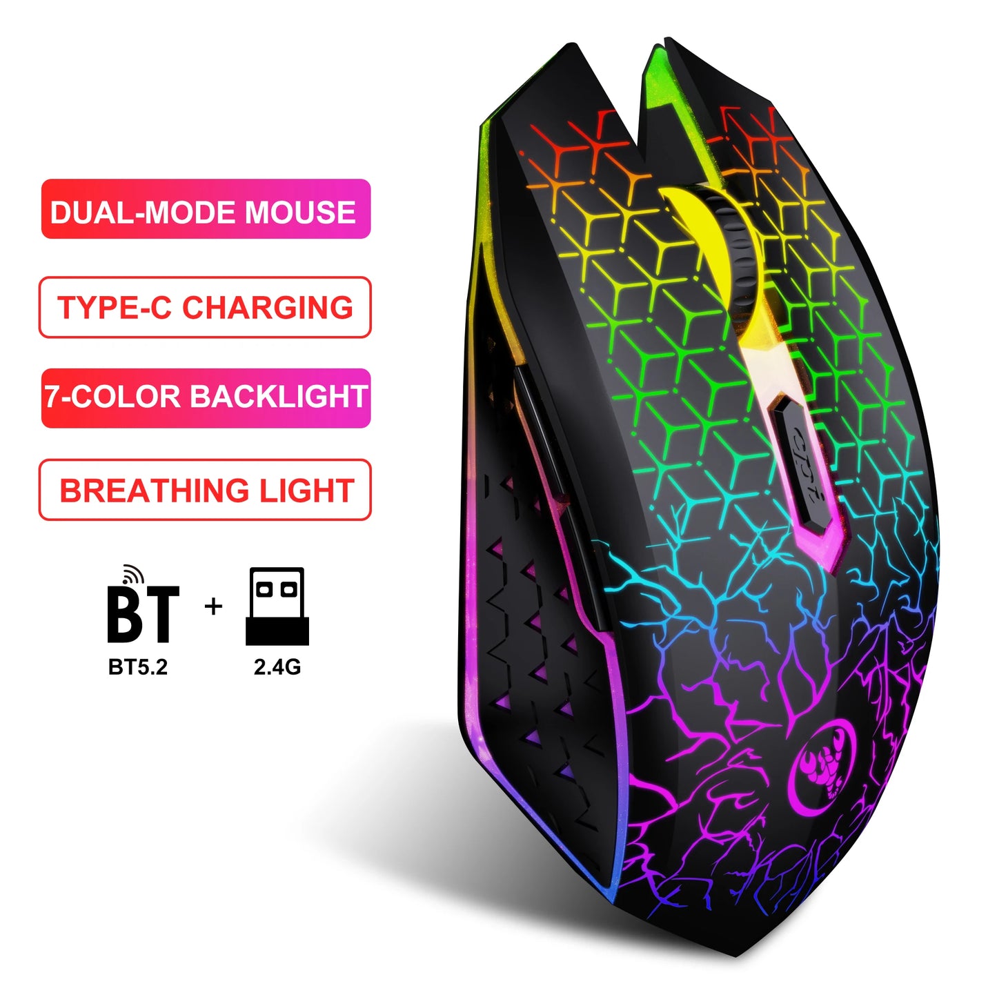 Colorful gaming mouse with text highlighting features on a white background
