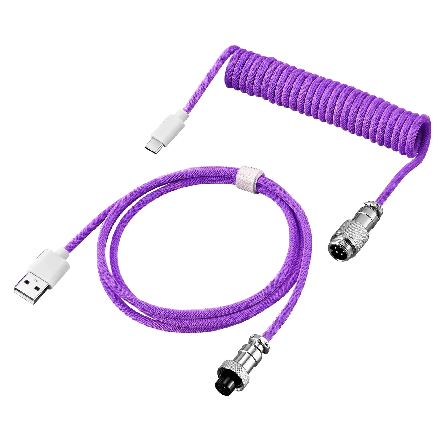 Coiled purple cable with USB and connector ends on a white background