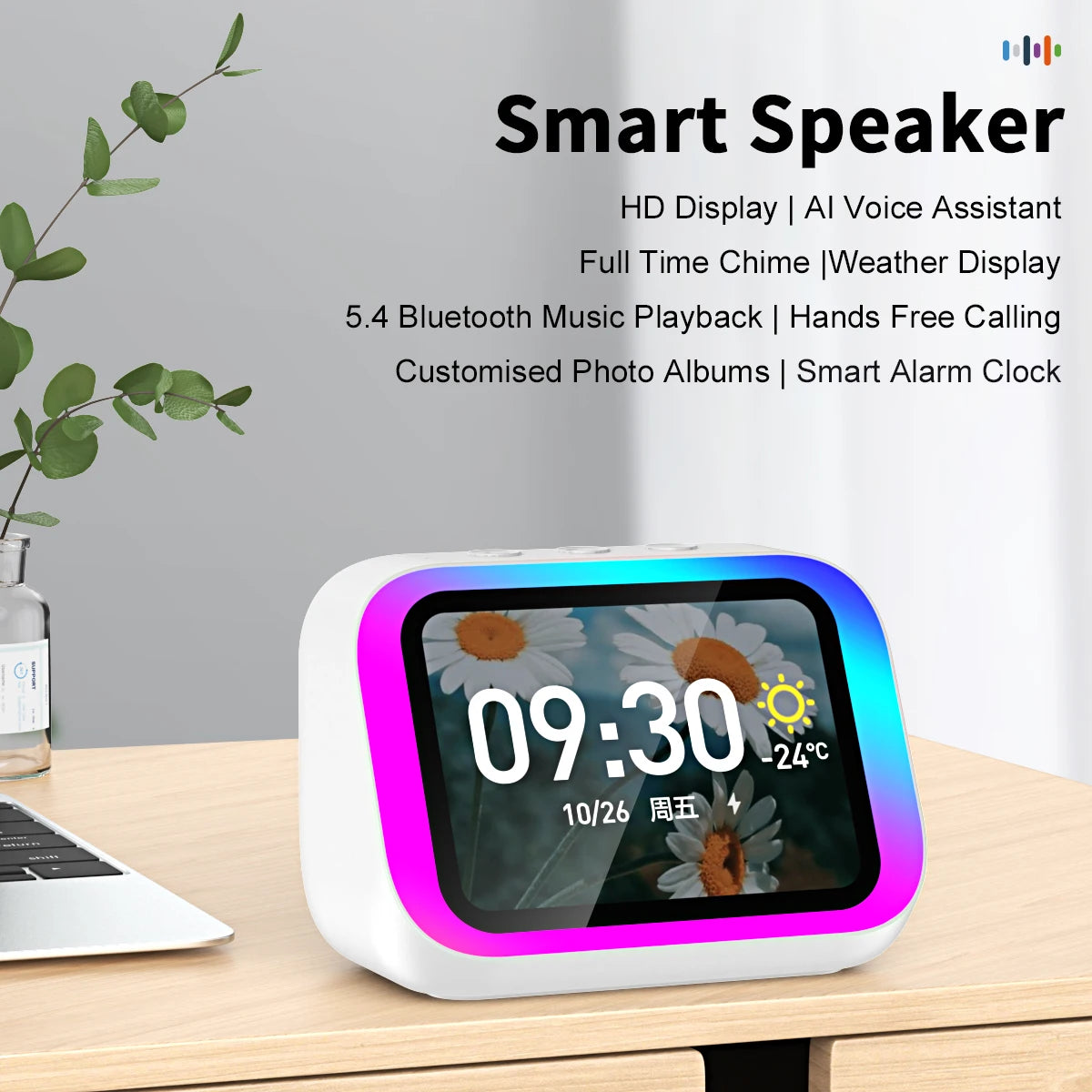 Smart speaker with display on a desk, featuring text about its features.