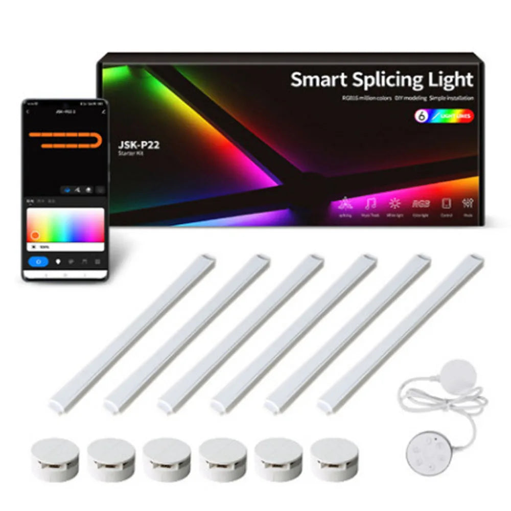 Smart splicing light kit with LED strips, connectors, and smartphone app on a white background