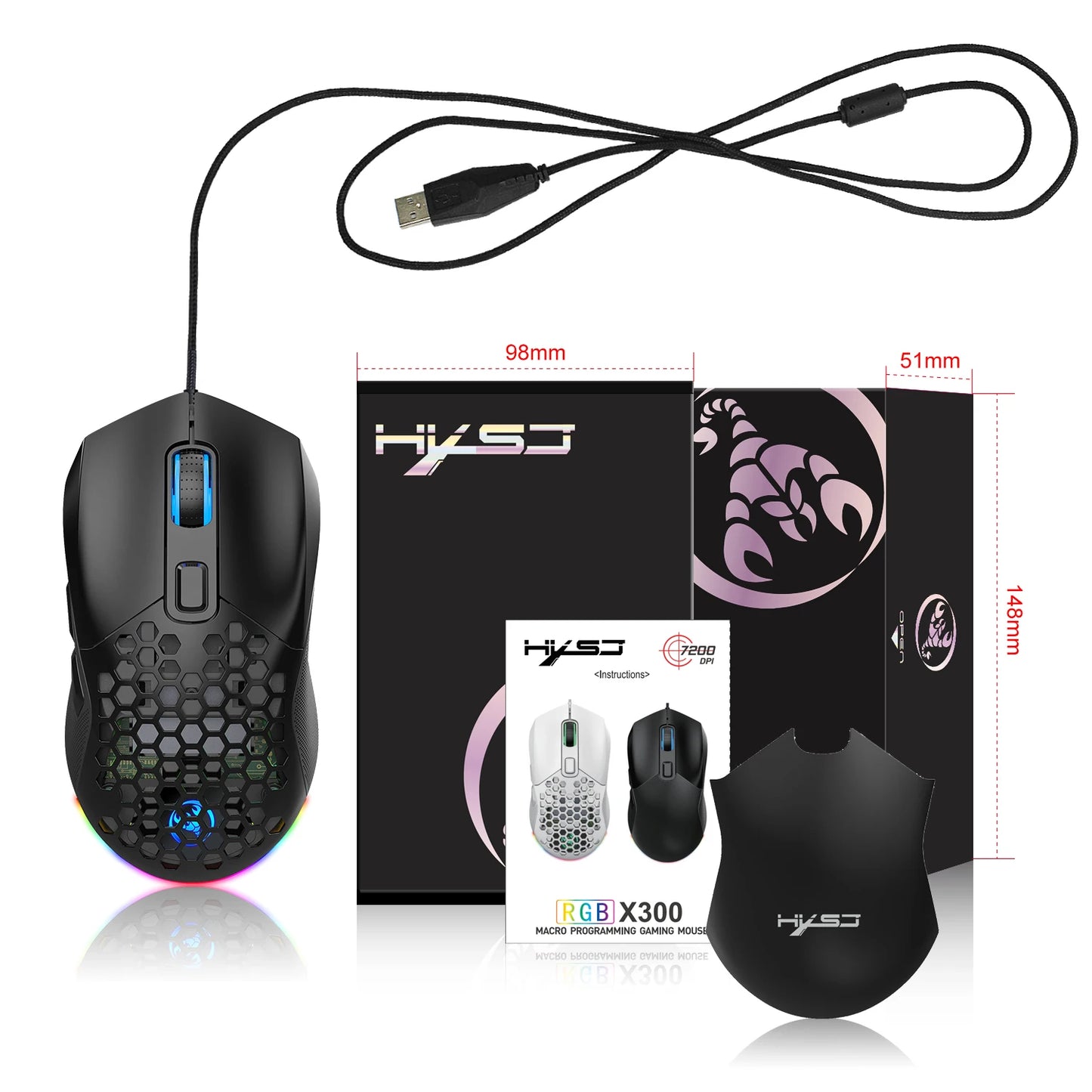 Black gaming mouse with USB cable and HXSJ branded packaging on a white background