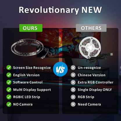 Comparison of RGBIC LED strip features between 'OURS' and 'OTHERS' with a dark background.