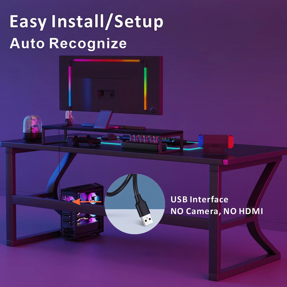 Gaming desk setup with computer equipment and text about easy installation and auto recognition.