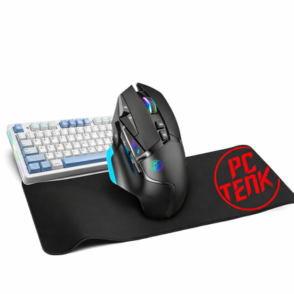 Gaming mouse and keyboard on a large mouse pad with 'PC Teck' branding. bundle