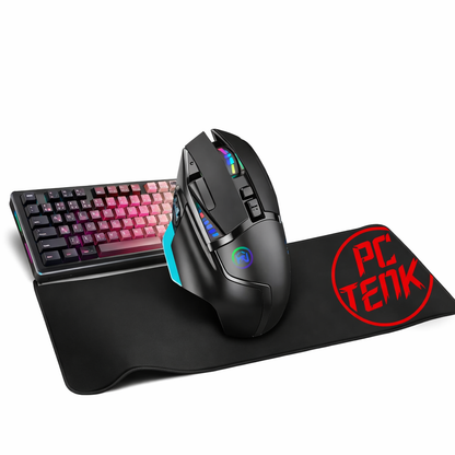 Gaming keyboard, mouse, and mouse pad with 'PC Tenk' logo on a white background