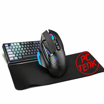 Gaming mouse and keyboard on a mouse pad with 'PC Tenk' branding