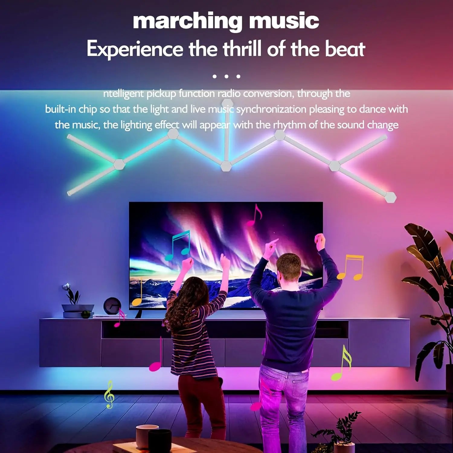 Two people dancing in front of a TV with colorful LED lights and text about music synchronization.