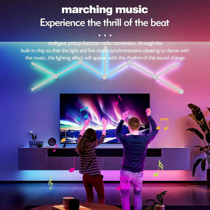 Two people dancing in front of a TV with colorful LED lights and text about music synchronization.