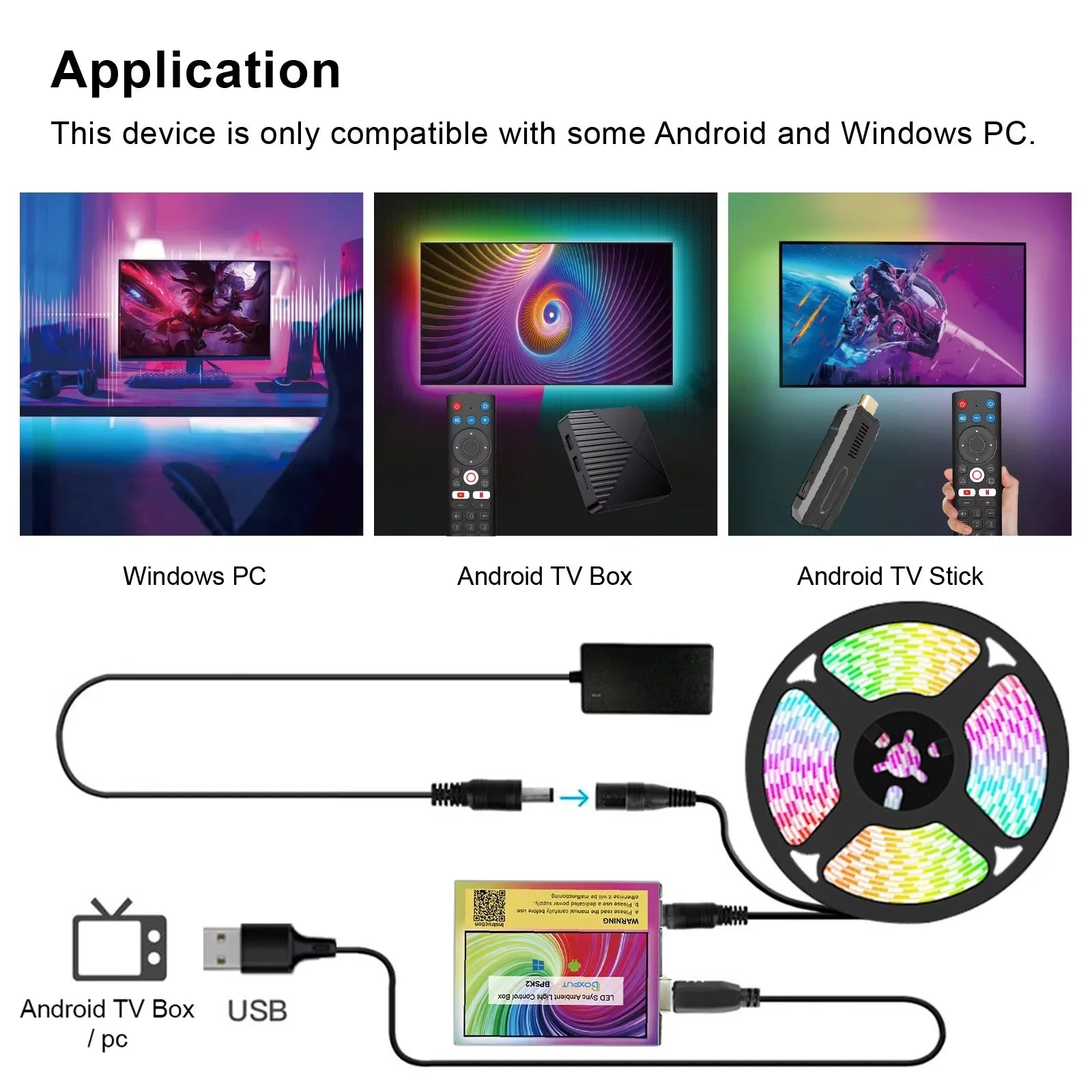 LED strip light compatibility with Windows PC, Android TV Box, and Android TV Stick as shown in the diagram.