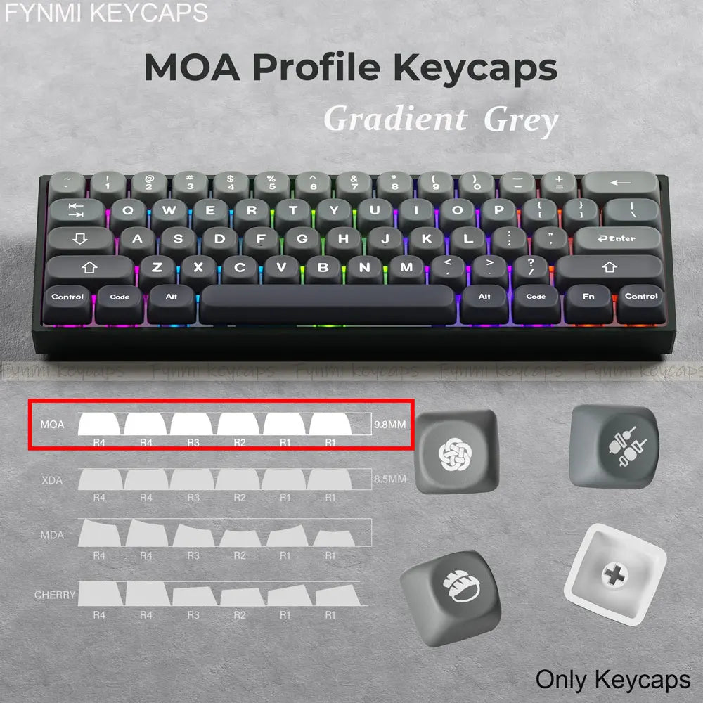 Gradient grey keycaps for a mechanical keyboard with specifications on a gray background