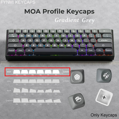 Gradient grey keycaps for a mechanical keyboard with specifications on a gray background