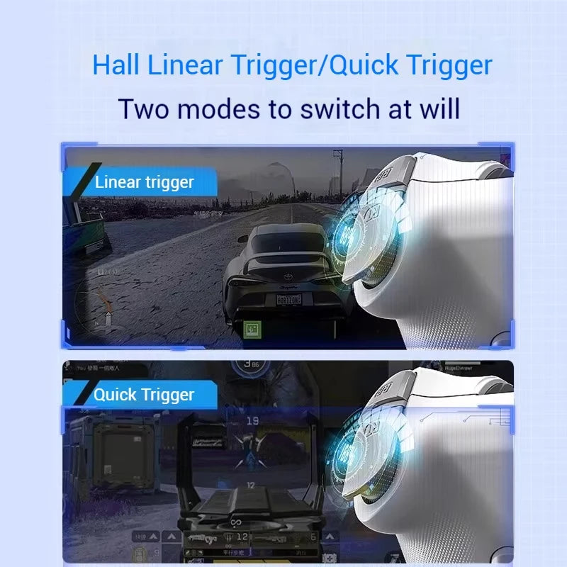 Two modes of a device with linear trigger and quick trigger labeled on a blue background.