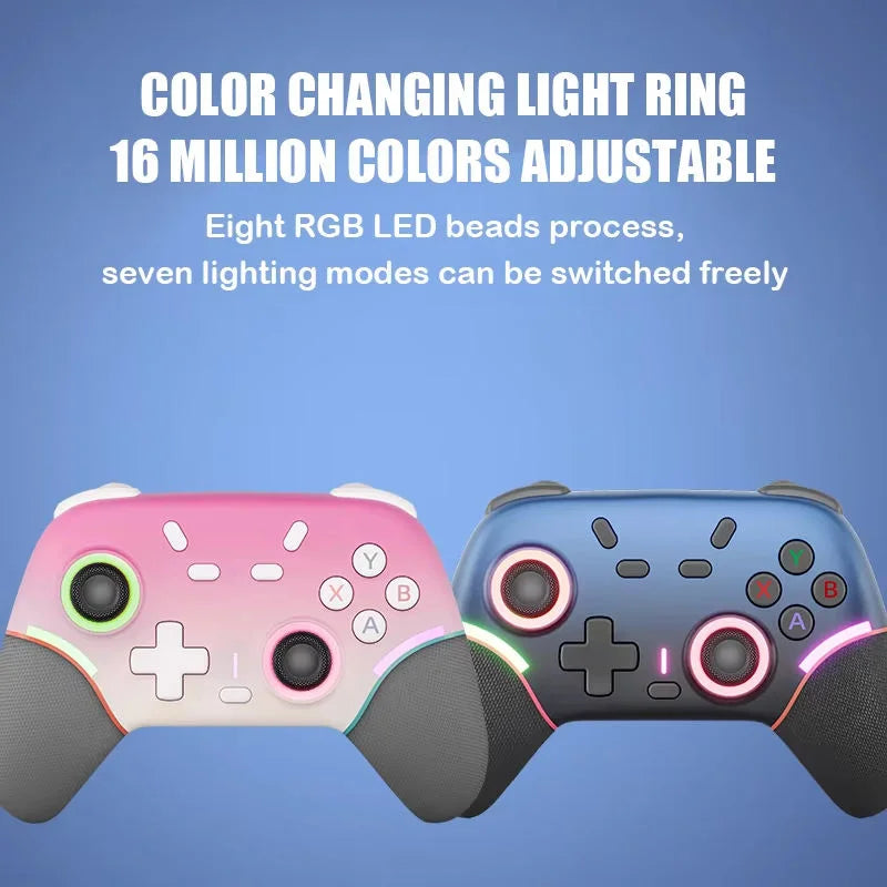 Two gaming controllers with color-changing light rings on a blue background