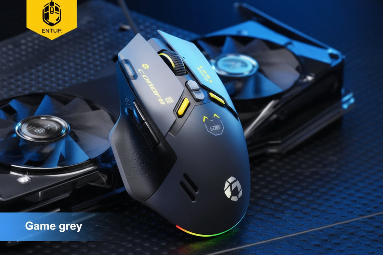 Gaming mouse with blue and black design on a dark background