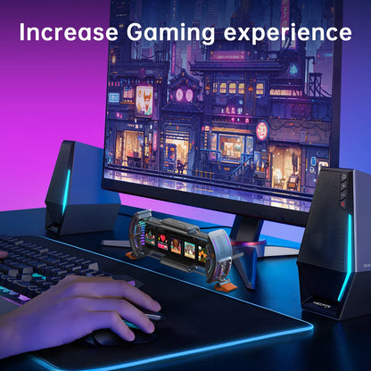 Gaming setup with monitor, keyboard, mouse, and speakers on a desk with text 'Increase Gaming experience'.