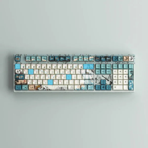 Keyboard with artistic keycaps on a light gray background