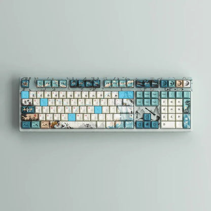 Keyboard with artistic keycaps on a light gray background