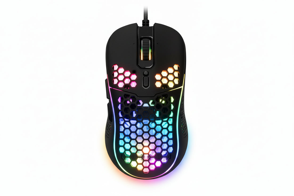 Gaming mouse with colorful LED lighting on a white background