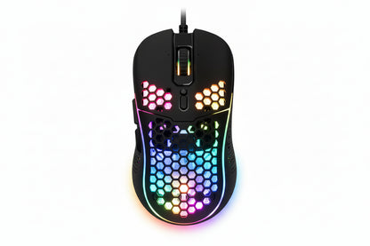 Gaming mouse with colorful LED lighting on a white background