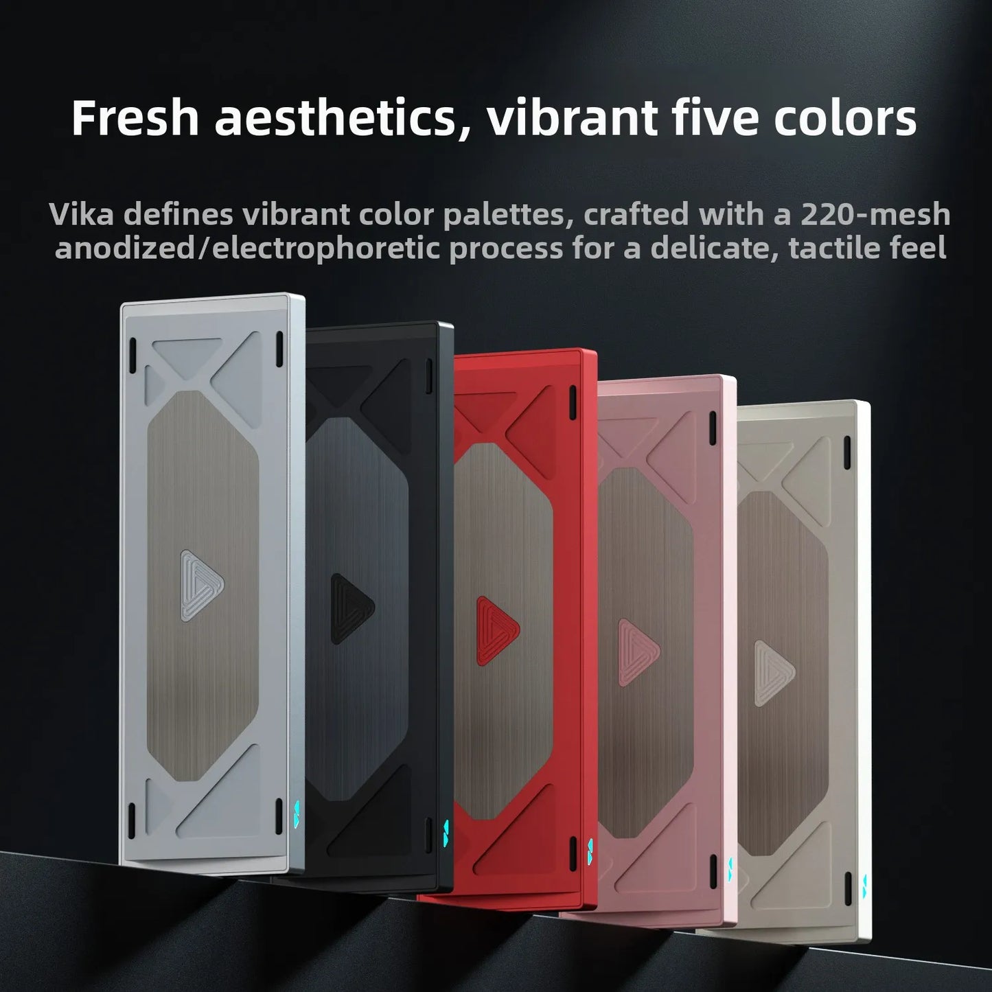Five rectangular panels in different colors on a black background with text about Vika's color palette.