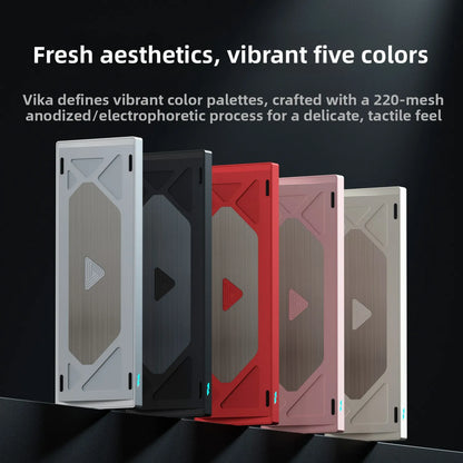 Five rectangular panels in different colors on a black background with text about Vika's color palette.