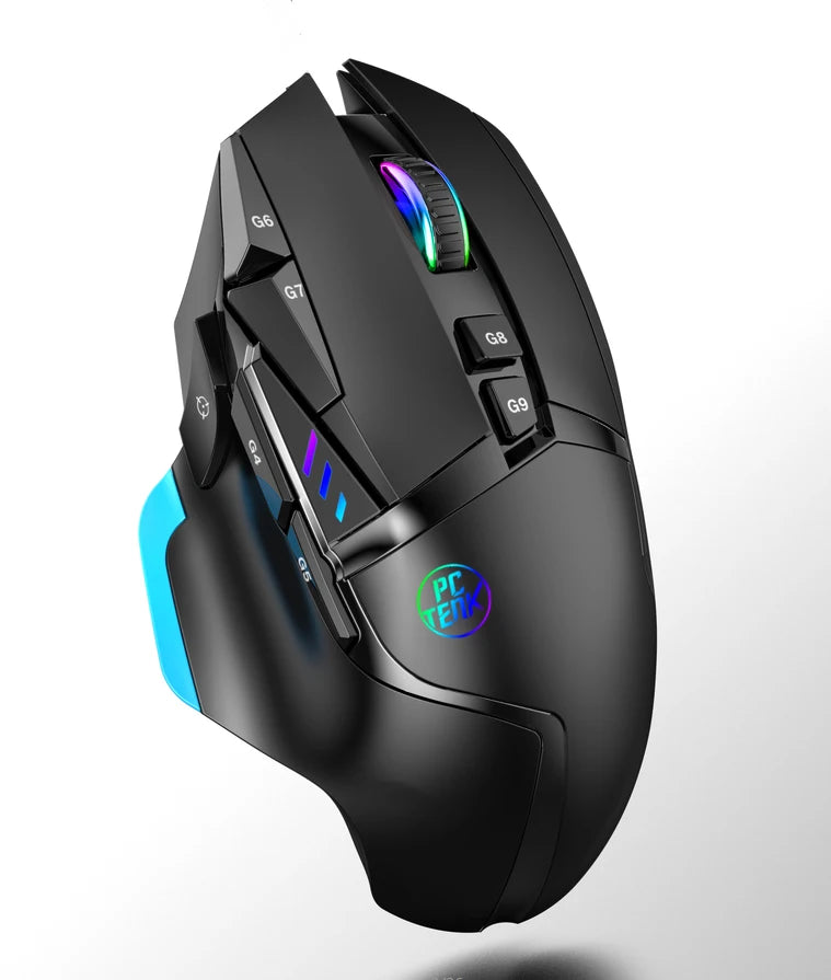 Black gaming mouse with RGB lighting on a white background