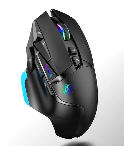 Black gaming mouse with RGB lighting on a white background