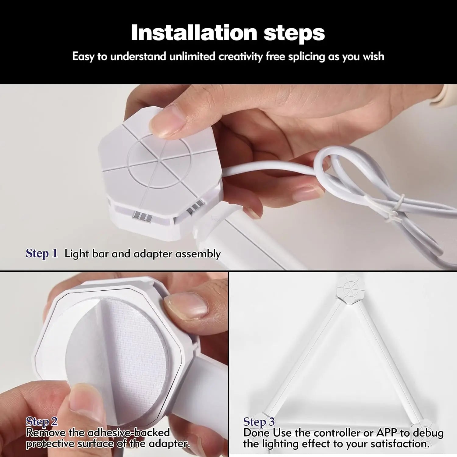 Step-by-step guide on installing a light bar and adapter assembly with text indicating installation steps.