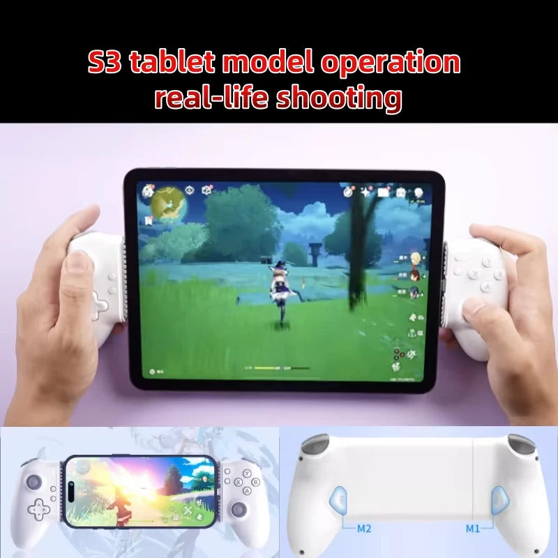 Person playing a game on a tablet with two controllers, with text indicating S3 tablet model operation.
