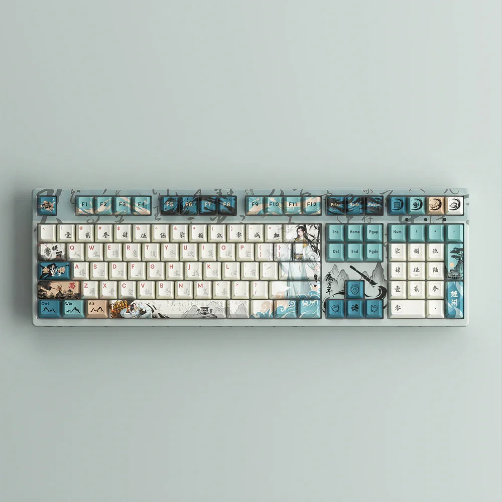 Decorative keyboard with artistic keycaps on a light gray background