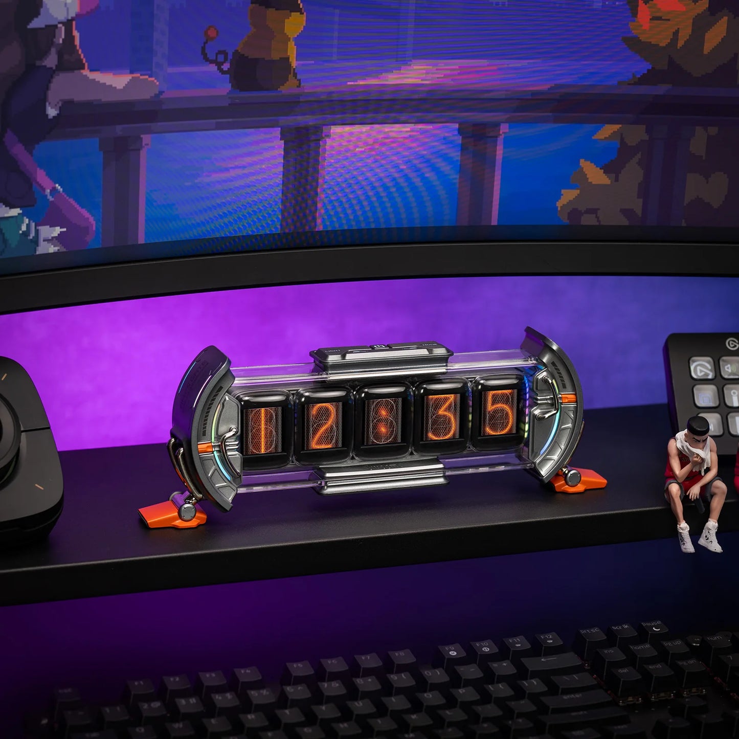 Nixie tube clock on a desk with a computer setup in the background