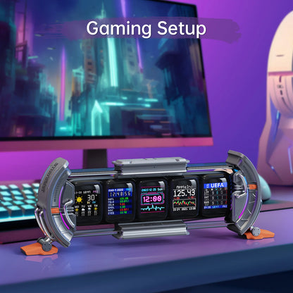 Gaming setup with a digital clock and weather station on a desk.