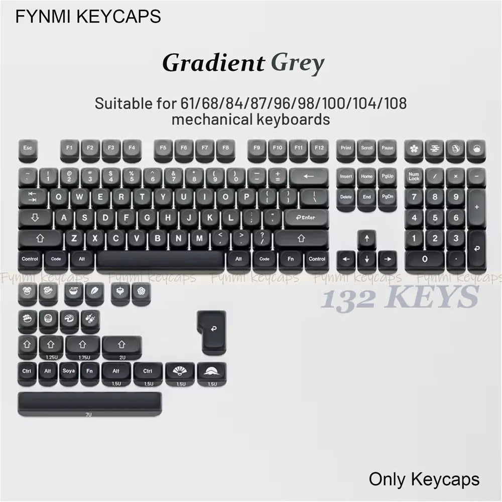 Gradient grey keycaps set for mechanical keyboards on a light gray background
