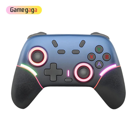 Gaming controller with colorful LED lights on a white background, featuring the brand 'Gamegaga'.
