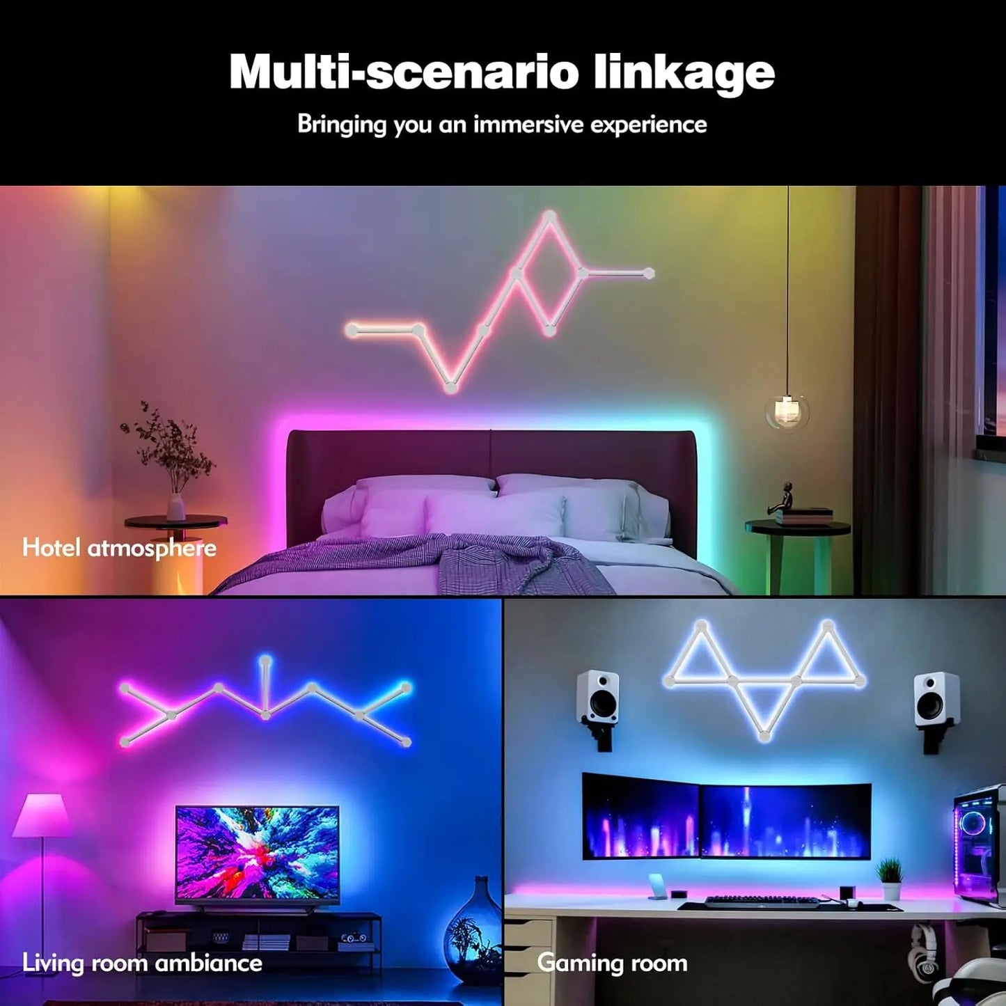 Neon light setup in a bedroom, living room, and gaming room with text 'Multi-scenario linkage' and 'Bringing you an immersive experience'.