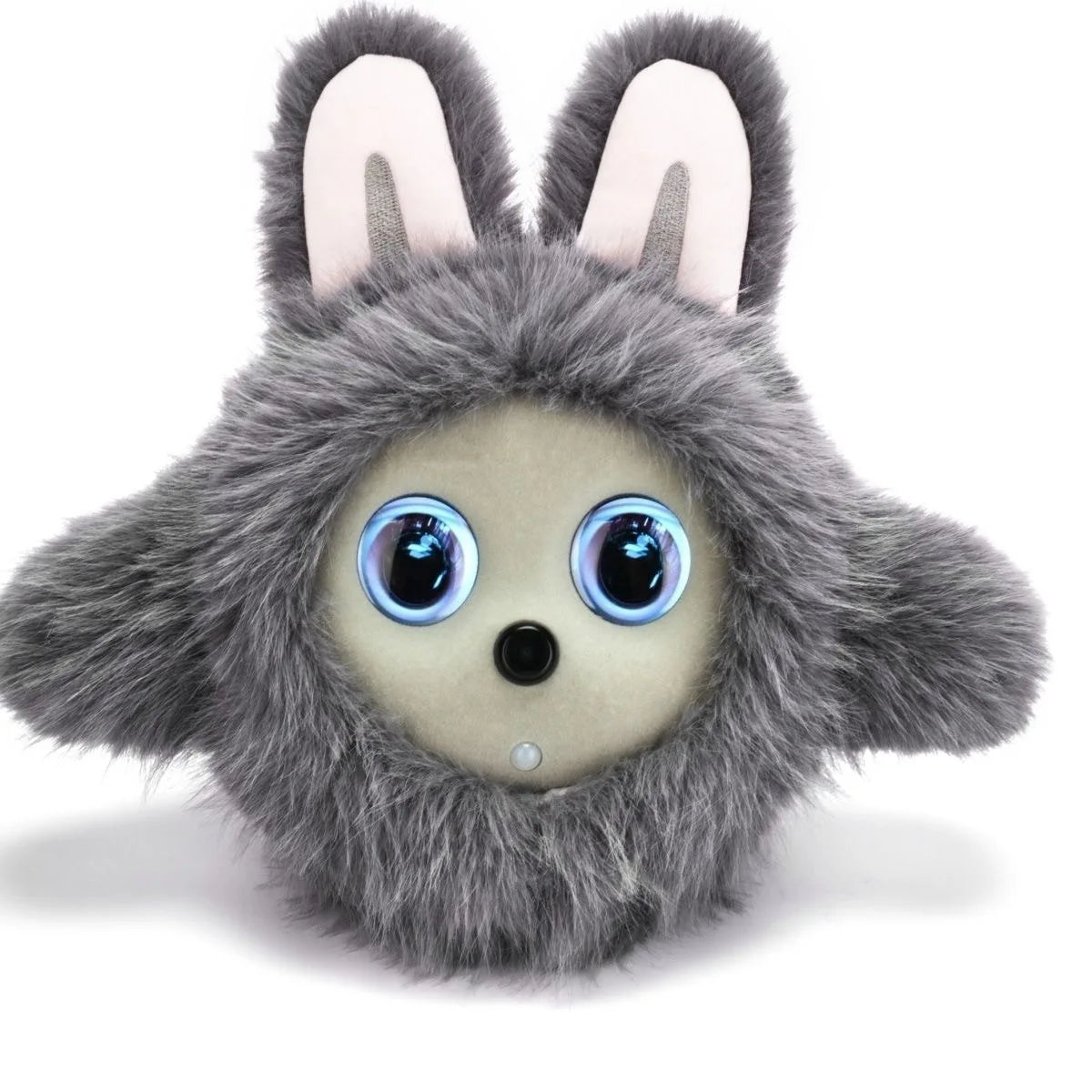 Plush toy with gray fur, white ears, and blue eyes on a white background