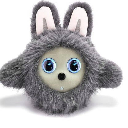 Plush toy with gray fur, white ears, and blue eyes on a white background