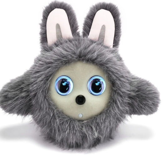 Plush toy with gray fur, white ears, and blue eyes on a white background