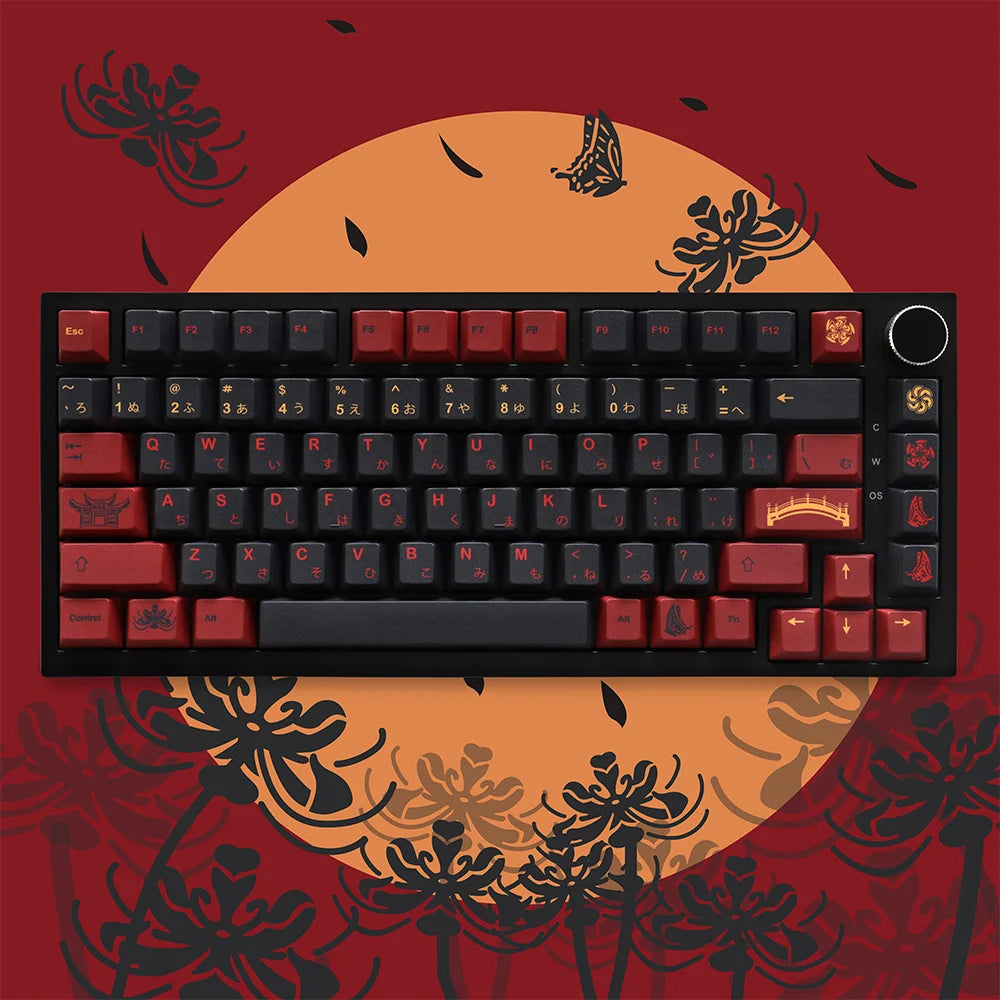 Keyboard with red and black keys on a decorative background