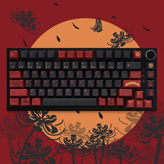Keyboard with red and black keys on a decorative background