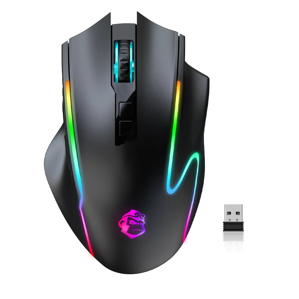 Gaming mouse with RGB lighting and USB receiver on a white background