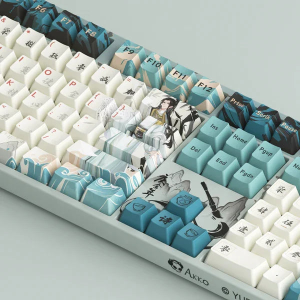 Close-up of a mechanical keyboard with artistic keycaps featuring characters and designs.