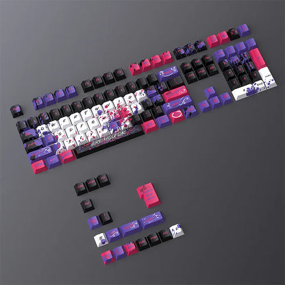 Keyboard with purple and pink keycaps on a gray background