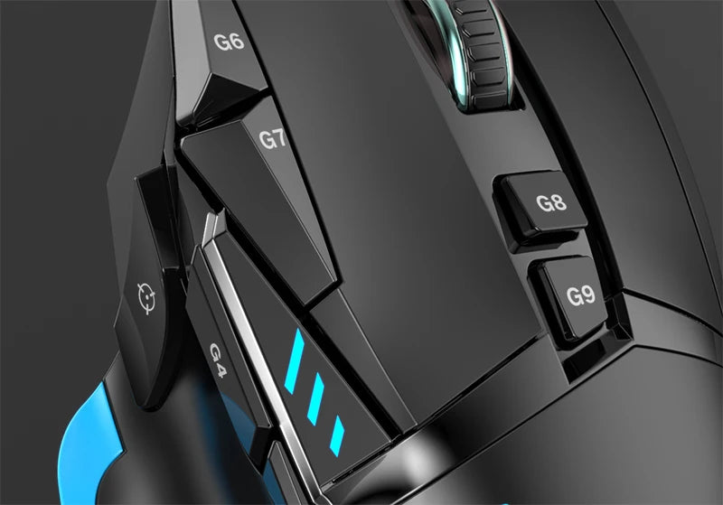Close-up of a gaming mouse with buttons labeled G4, G5, G6, G7, G8, and G9 on a dark background.