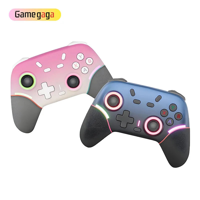 Two gaming controllers, one pink and white, one blue and black, on a white background with 'Gamegaga' branding.