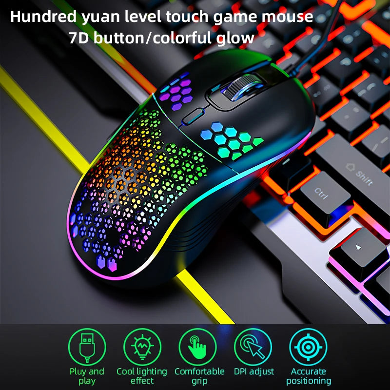 Gaming mouse with colorful LED lights on a keyboard